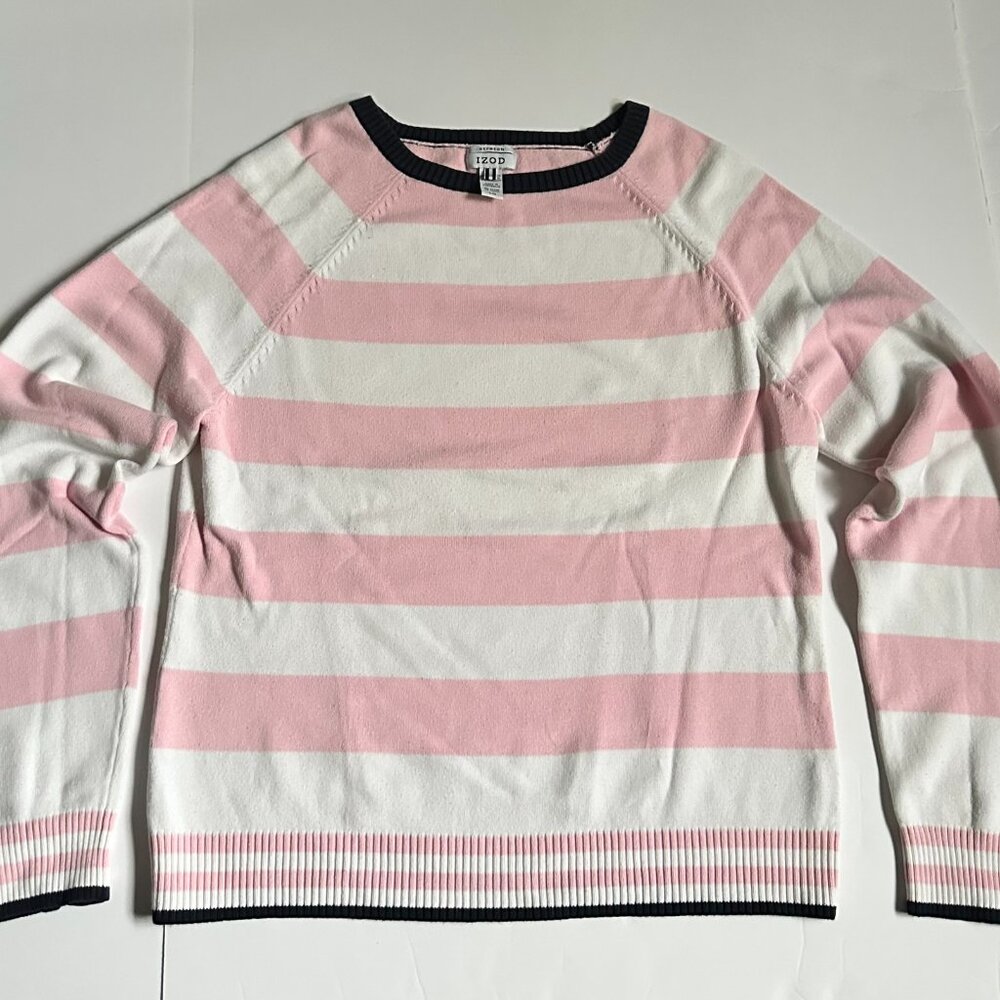 IZOD Pink and White with Navy trim Sweater, Size Large